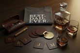 Generate image for Personalized gifts for father , contains Elegant Leather Coaster Set,CapLift Coaster,Leather Cigar Case with Cutter,Leather Drink Coaster,Custom Text T-shirt,Personalized Dad Whiskey Decanter Set